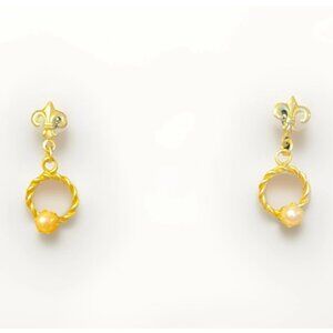 Gold Tone Fleur De Lis Stud Dangling Circle with Small Pearl in Center Earrings